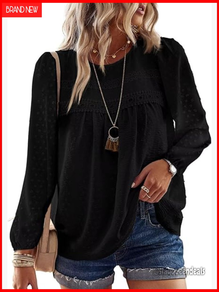 Women's Long Sleeve Tunic Blouse Crewneck Lace Hem Flowy Dressy Casual Top